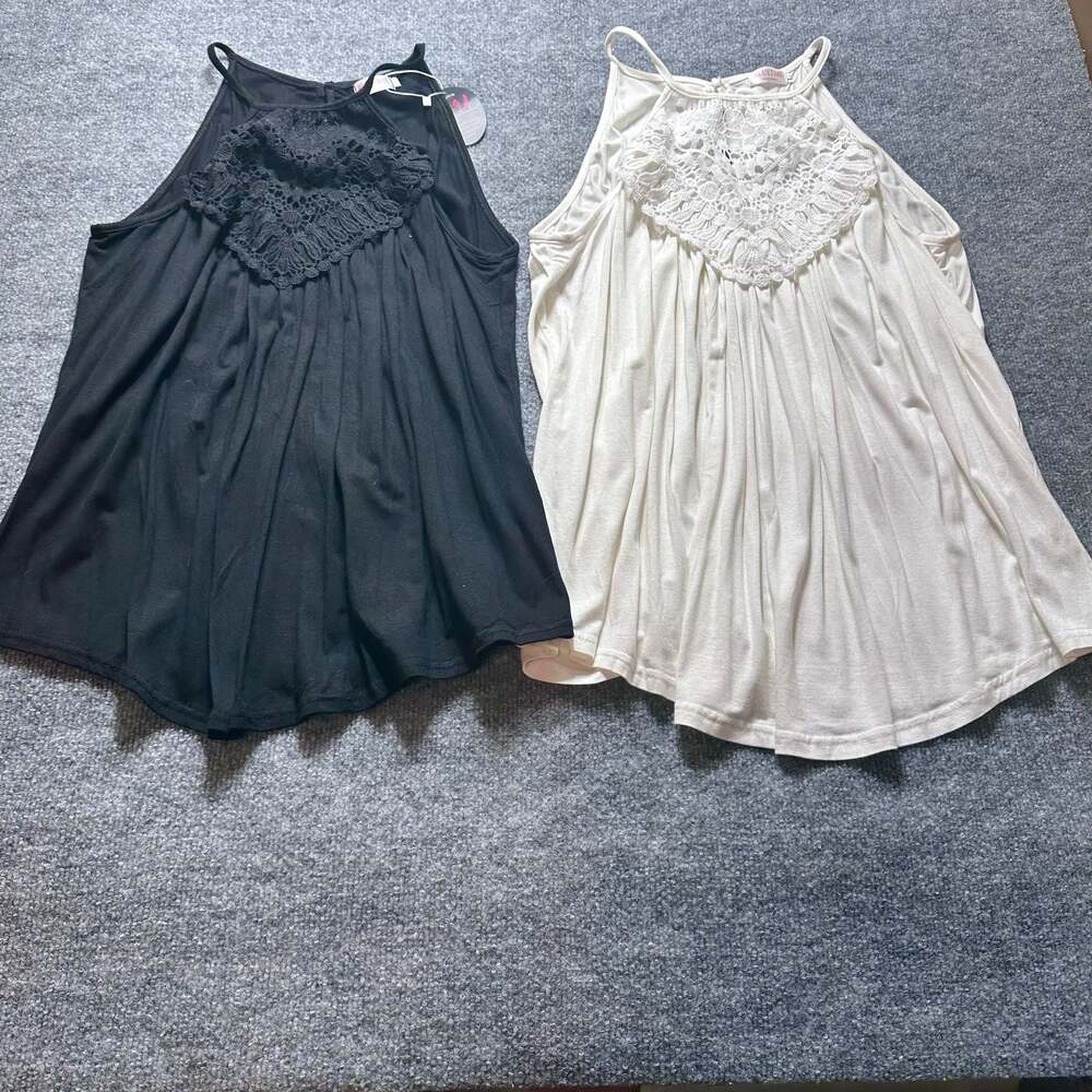 Women's Lace Halter Neck Pleated Flowy Tank Top (Black and White 2-Pack) Boho - Picture 2 of 10